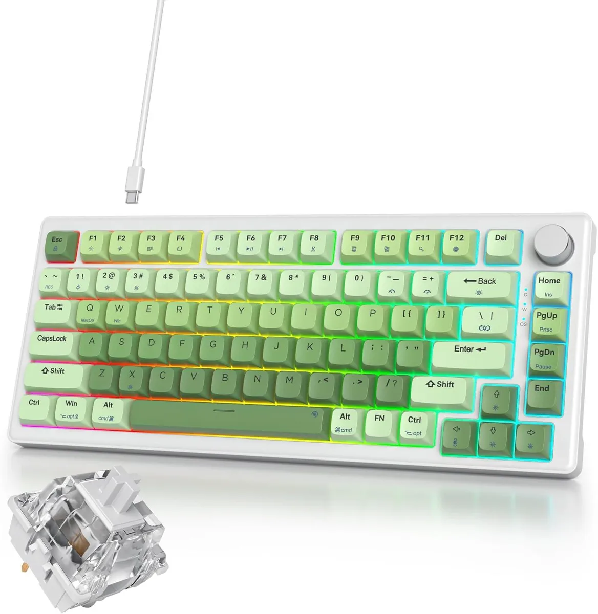 Green 75% mechanical keyboard with rotary knob and RGB backlighting