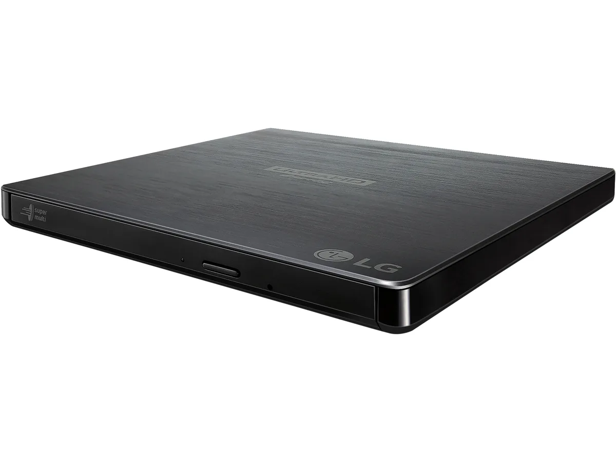 Slim black rectangular external Blu-ray writer with tray load