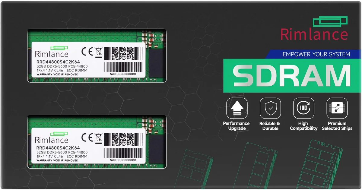 Two green DDR5 RDIMM modules with black heat spreaders and gold contacts