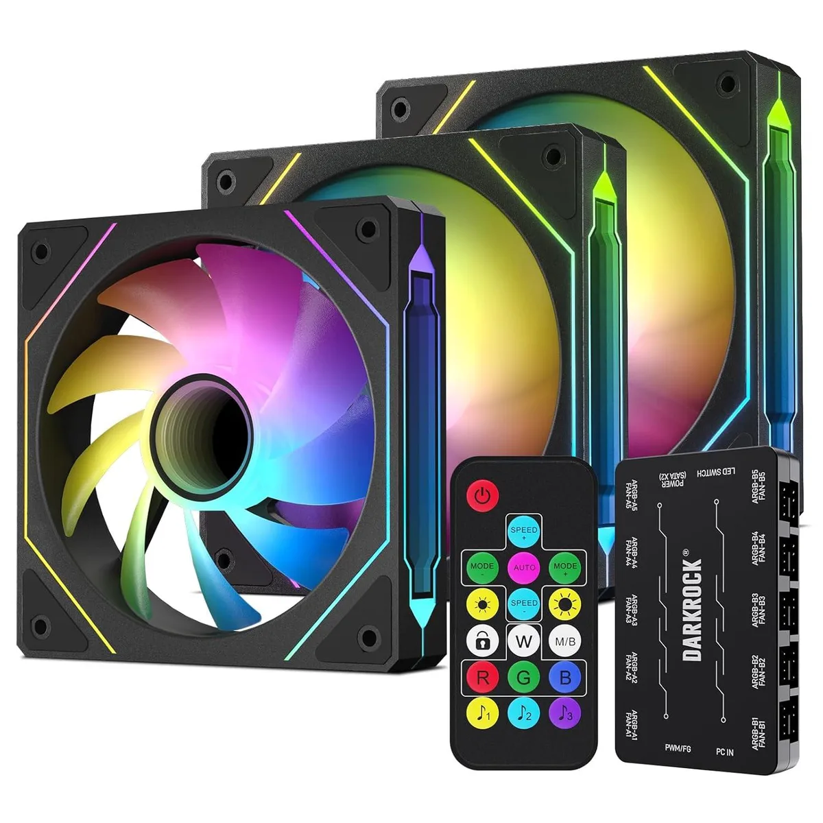 DARKROCK DARKROCK F120 3-in-1 120mm Infinite Mirror case fan kit, 20-port hub, 24 LED, PWM, ARGB, Hydro Bearing, Black — foto del producto