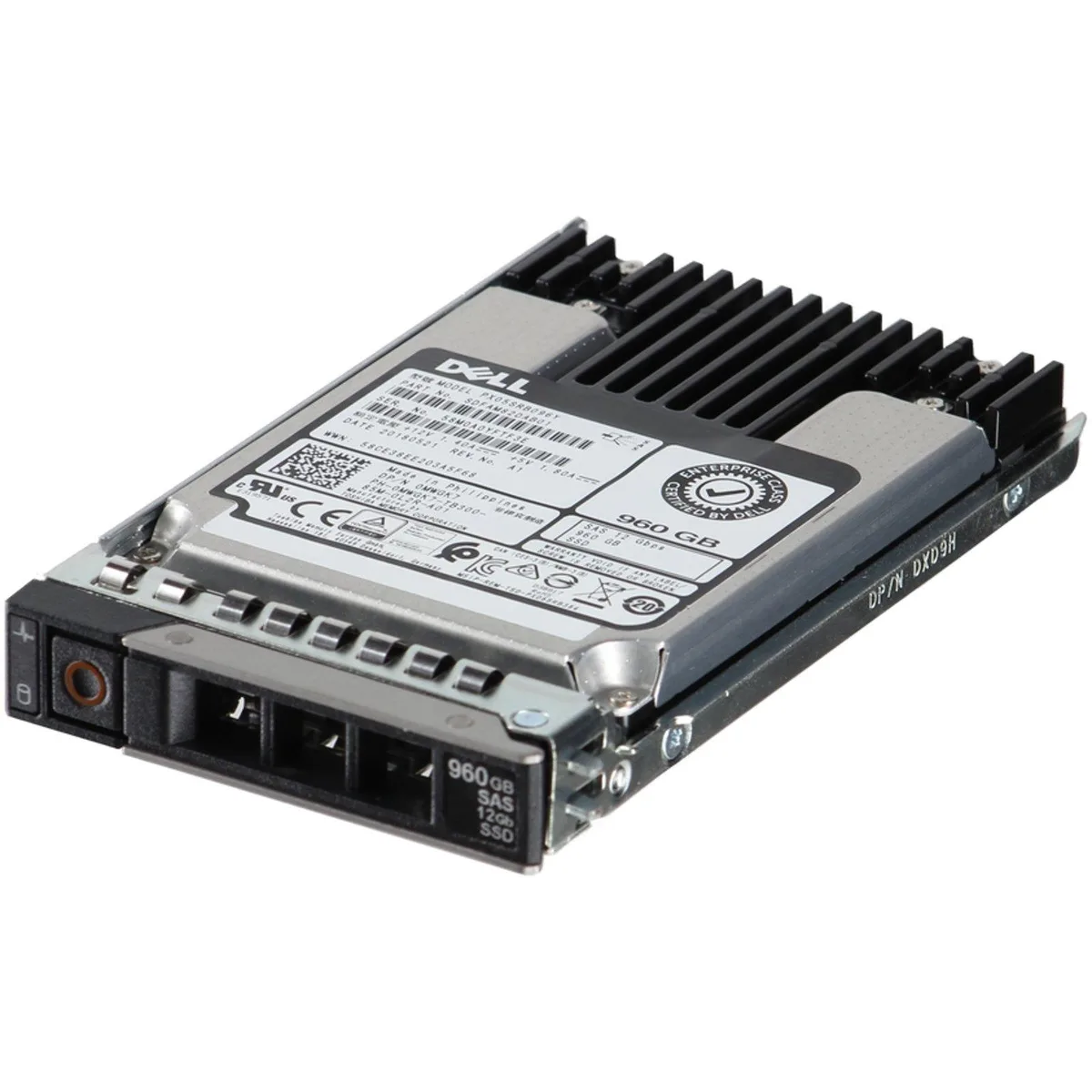 A silver 2.5-inch SAS enterprise SSD with a metal casing and label showing 960GB capacity