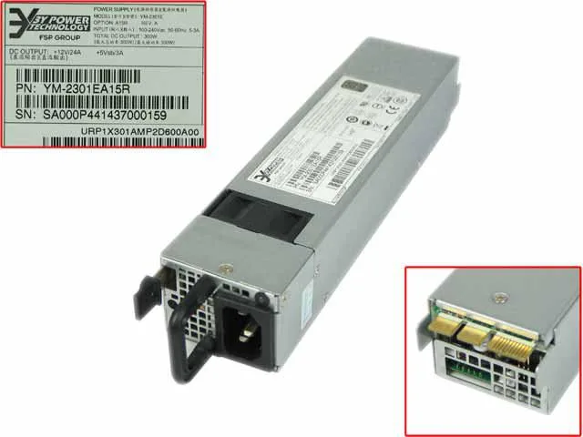 Rectangular silver server power supply unit with rear fan grille and power socket