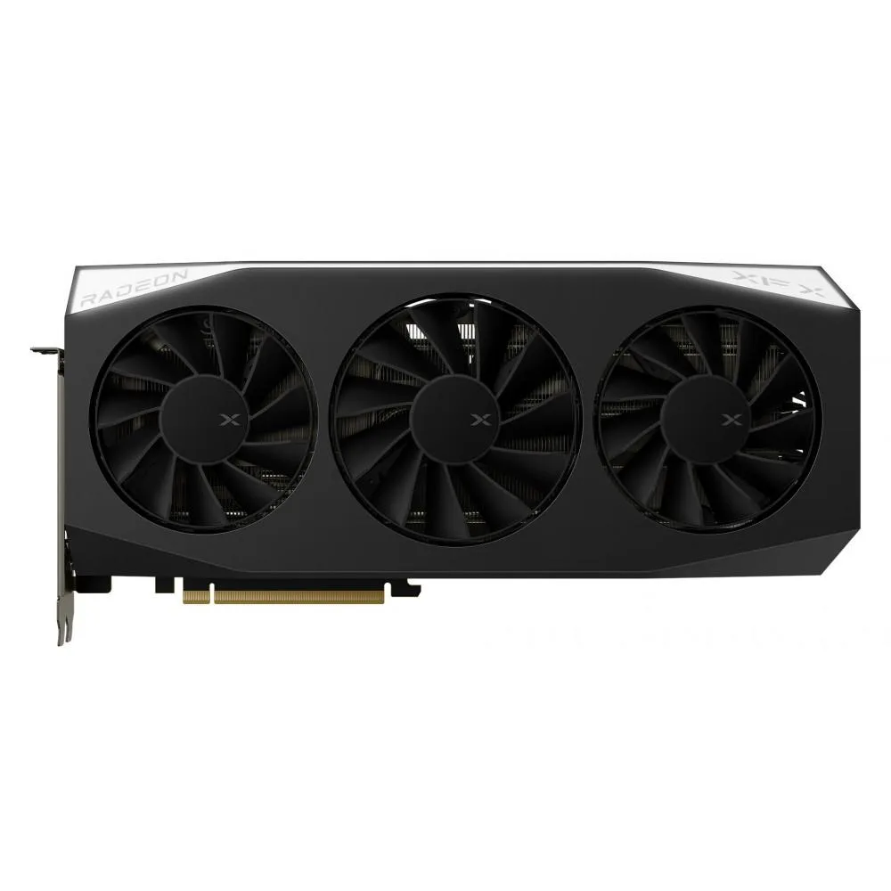 XFX Mercury Radeon RX 9060 XT OC triple-fan graphics card with black shroud and LED light bar