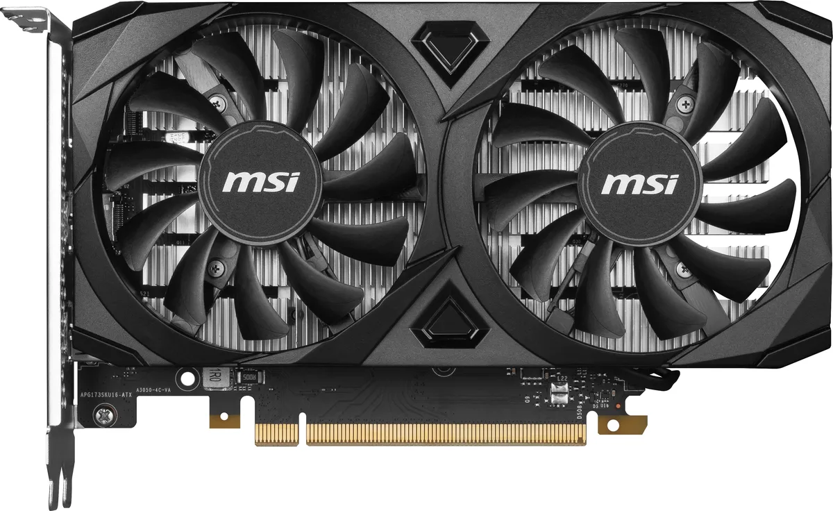 Black dual-fan graphics card, compact ATX form factor, matte finish