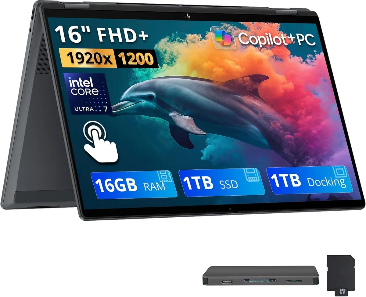 HP HP OmniBook X Flip 16" 2K Touch 2-in-1, Core Ultra 7 256V, 16GB LPDDR5X, 1TB SSD + 1TB Dock, Arc 140V, Gray — 商品照片