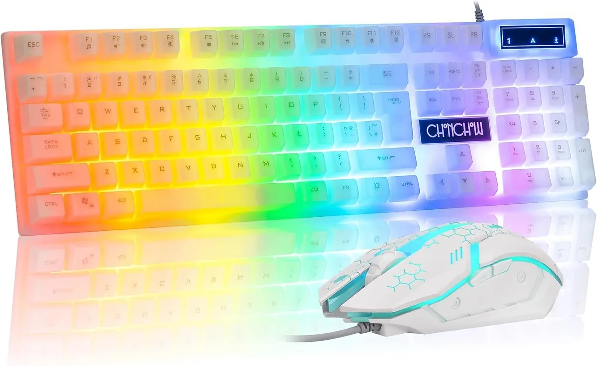 White full-size keyboard with rainbow backlighting and matching 7-color RGB mouse, both wired