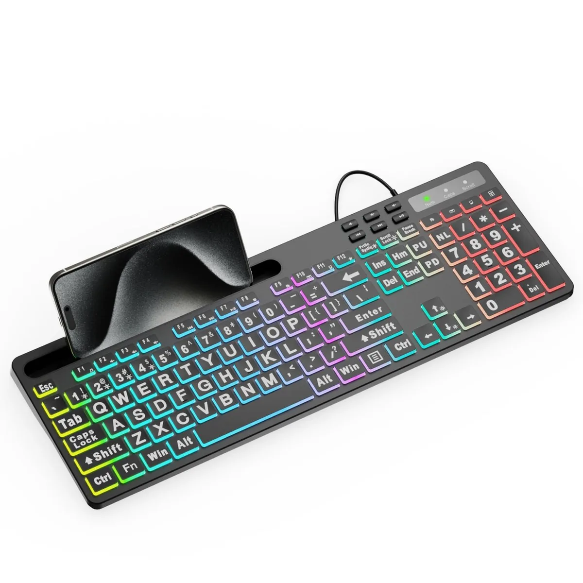 Black full-size keyboard with large-print keys, built-in tablet cradle and RGB backlighting