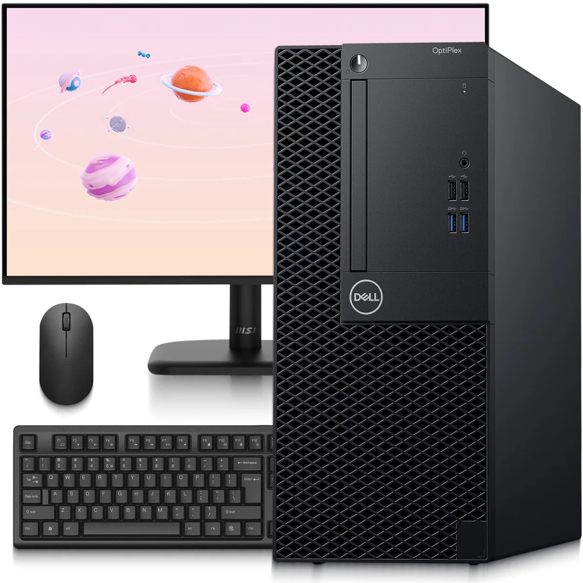 Black Dell OptiPlex mini tower with 24 inch monitor, keyboard and mouse