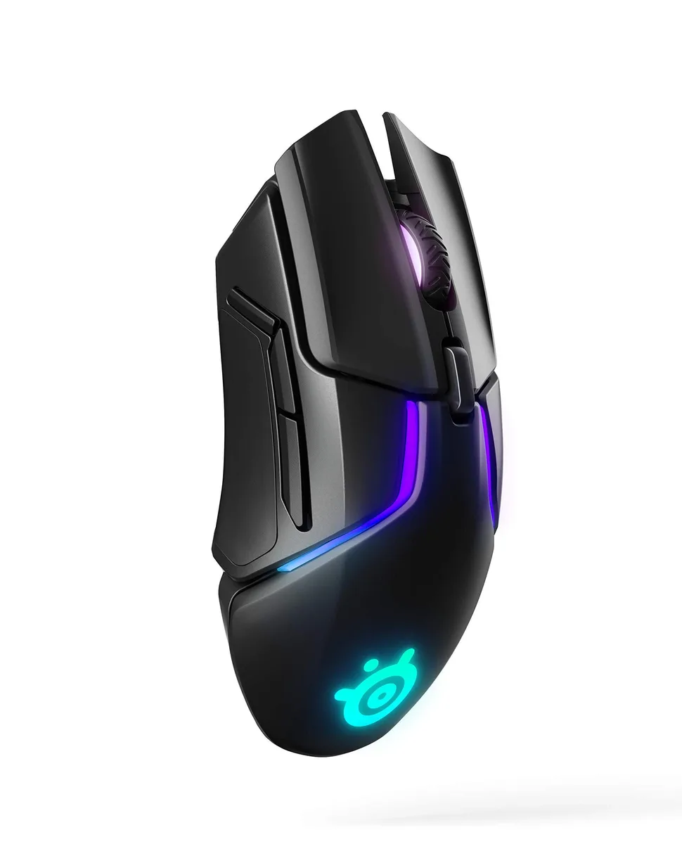 Black right-handed wireless gaming mouse with textured sides and RGB lighting zones