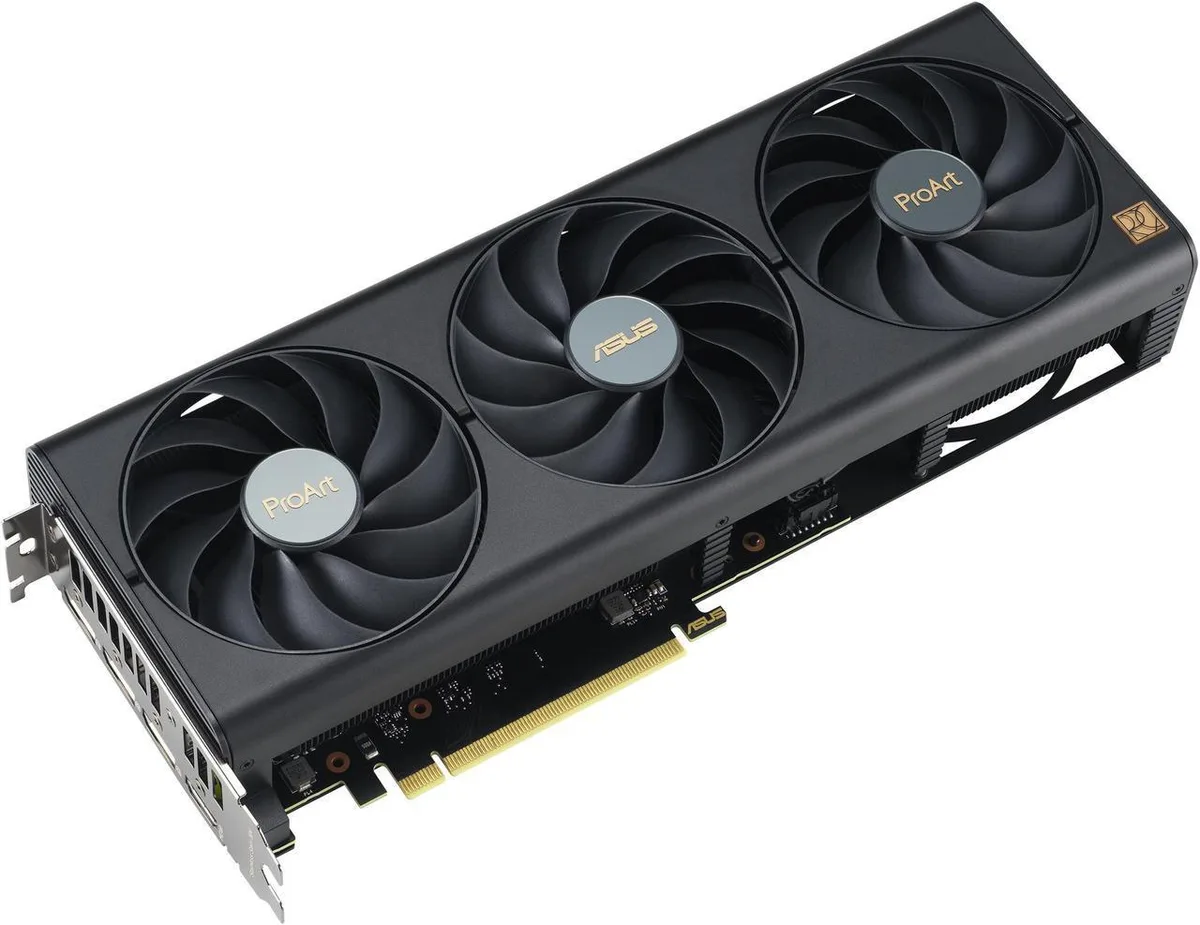 ASUS ProArt GeForce RTX 4060 graphics card with dual-slot cooler in white and silver finish
