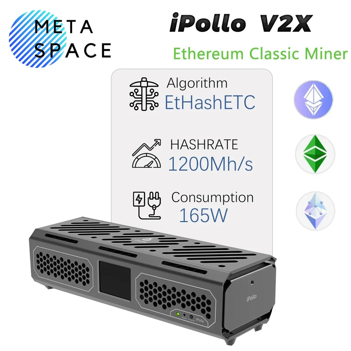 Rectangular silver ASIC miner with Ethernet port and ventilation grilles, 302 by 107 by 77 mm
