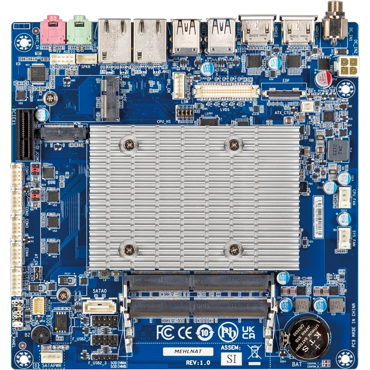 Thin Mini-ITX motherboard with silver heatsink and black PCB, dual SO-DIMM slots, two HDMI ports, two RJ45 LAN