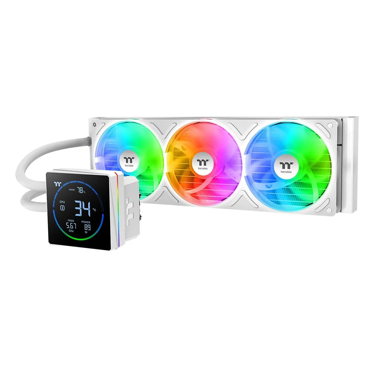 White 360 mm AIO cooler with 3.95 inch LCD pump head and three 120 mm ARGB fans