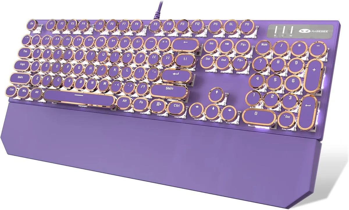 Purple full-size mechanical keyboard with round white keycaps, white backlighting, and USB cable