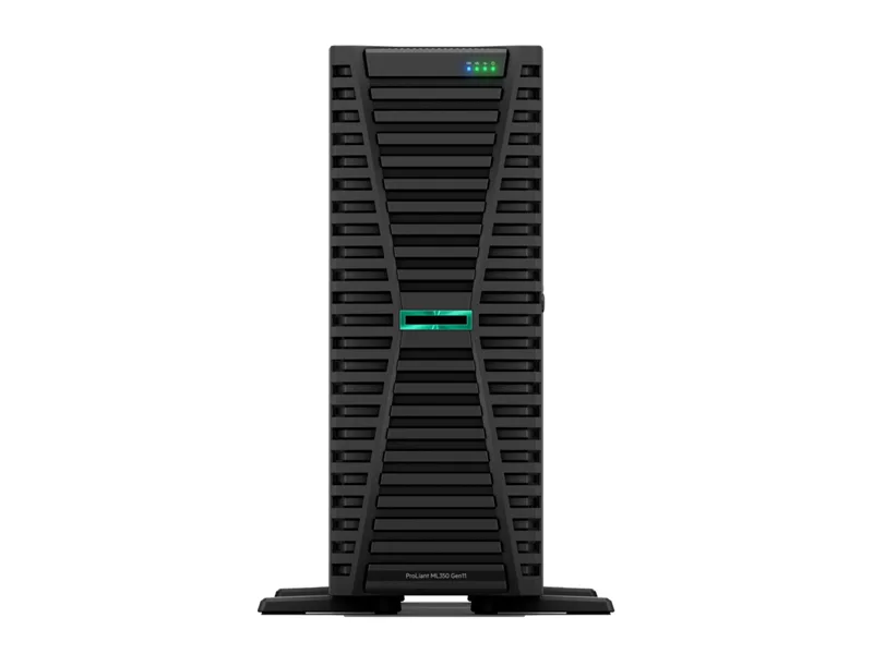 Tall tower server in dark grey metal with front drive bays and ventilation grilles