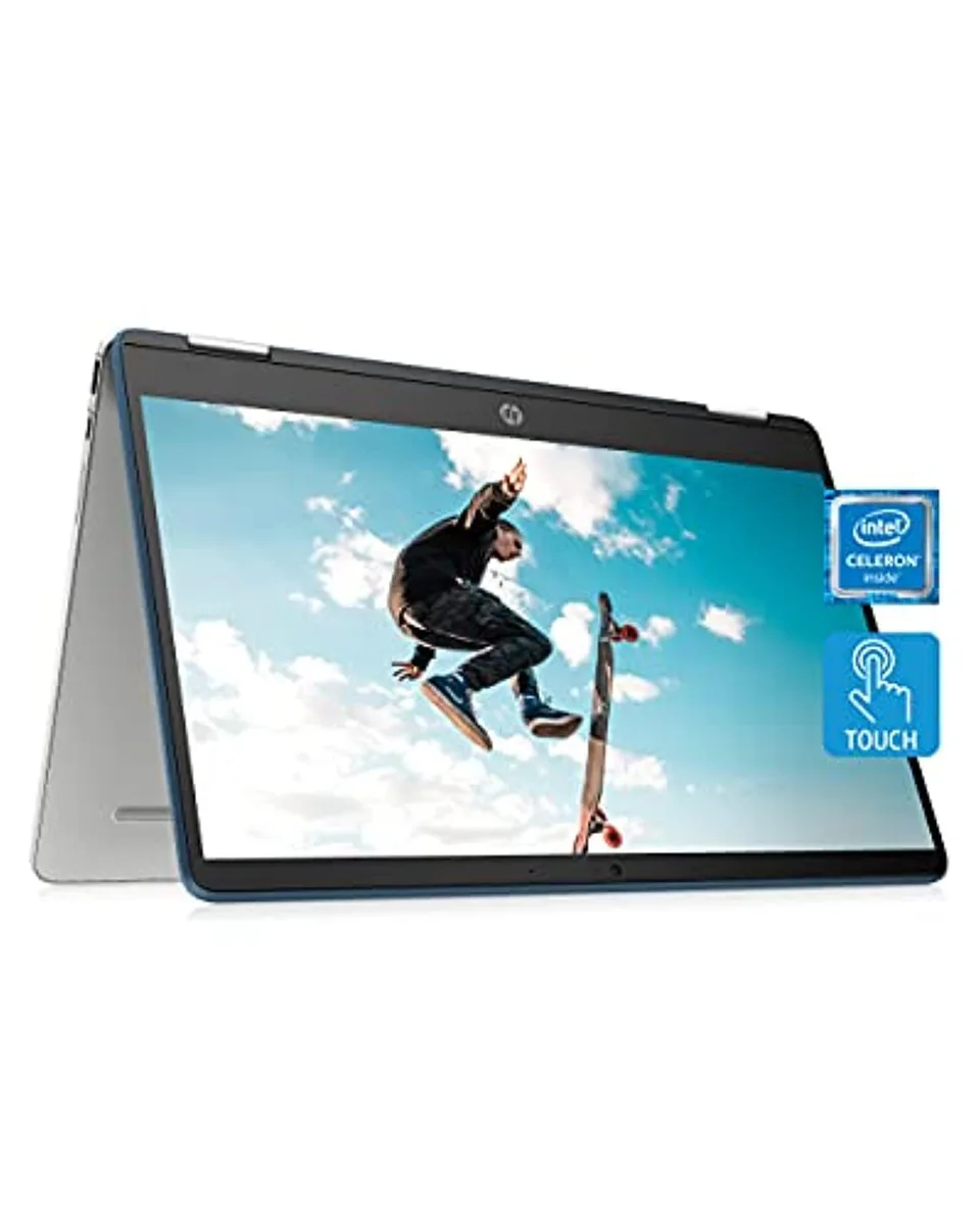 Silver 14-inch 2-in-1 Chromebook with 360-degree hinge, micro-edge HD screen, webcam and keyboard visible