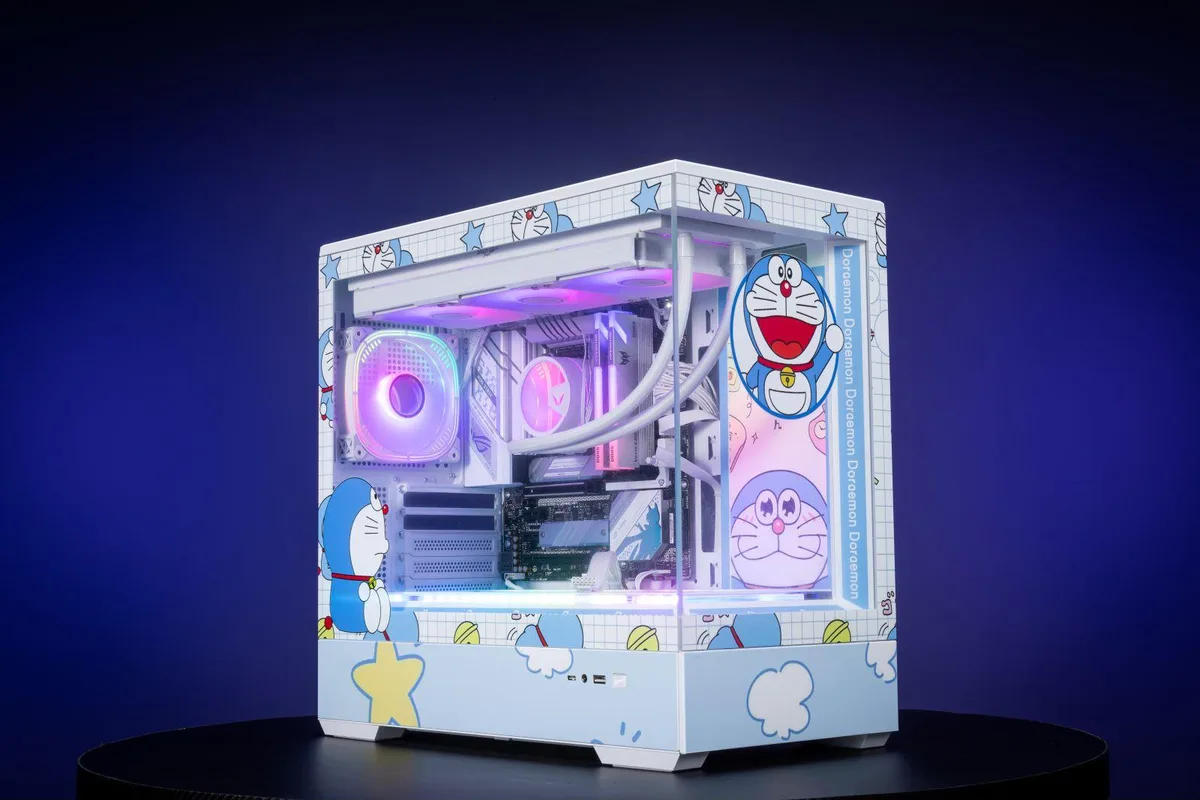 White and blue mid-tower case with tempered glass side panel, compact M-ATX/ITX layout