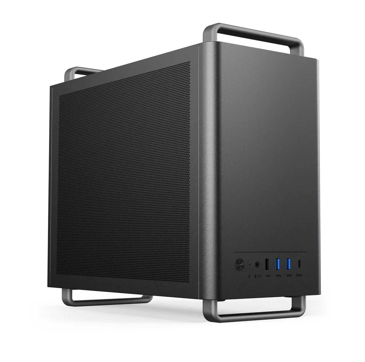 Compact black steel mini-tower case with integrated carry handle, front Type-C and USB 3.0 ports, supports Micro-ATX and ITX boards