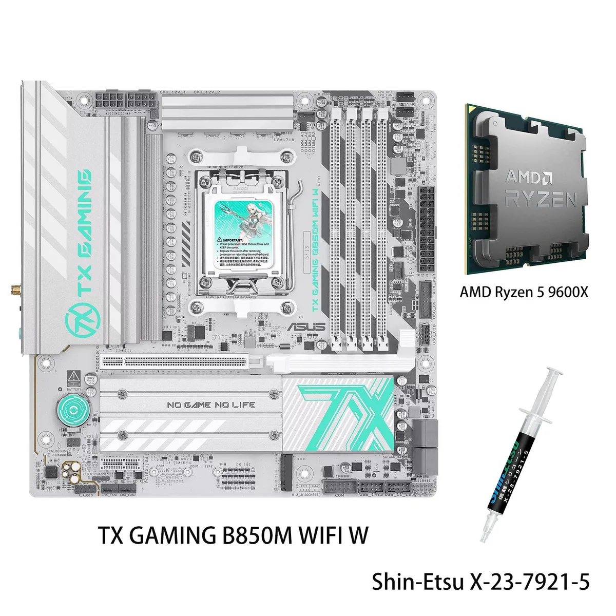 ASUS TX GAMING B850M motherboard with Ryzen 5 9600X CPU in micro-ATX form factor