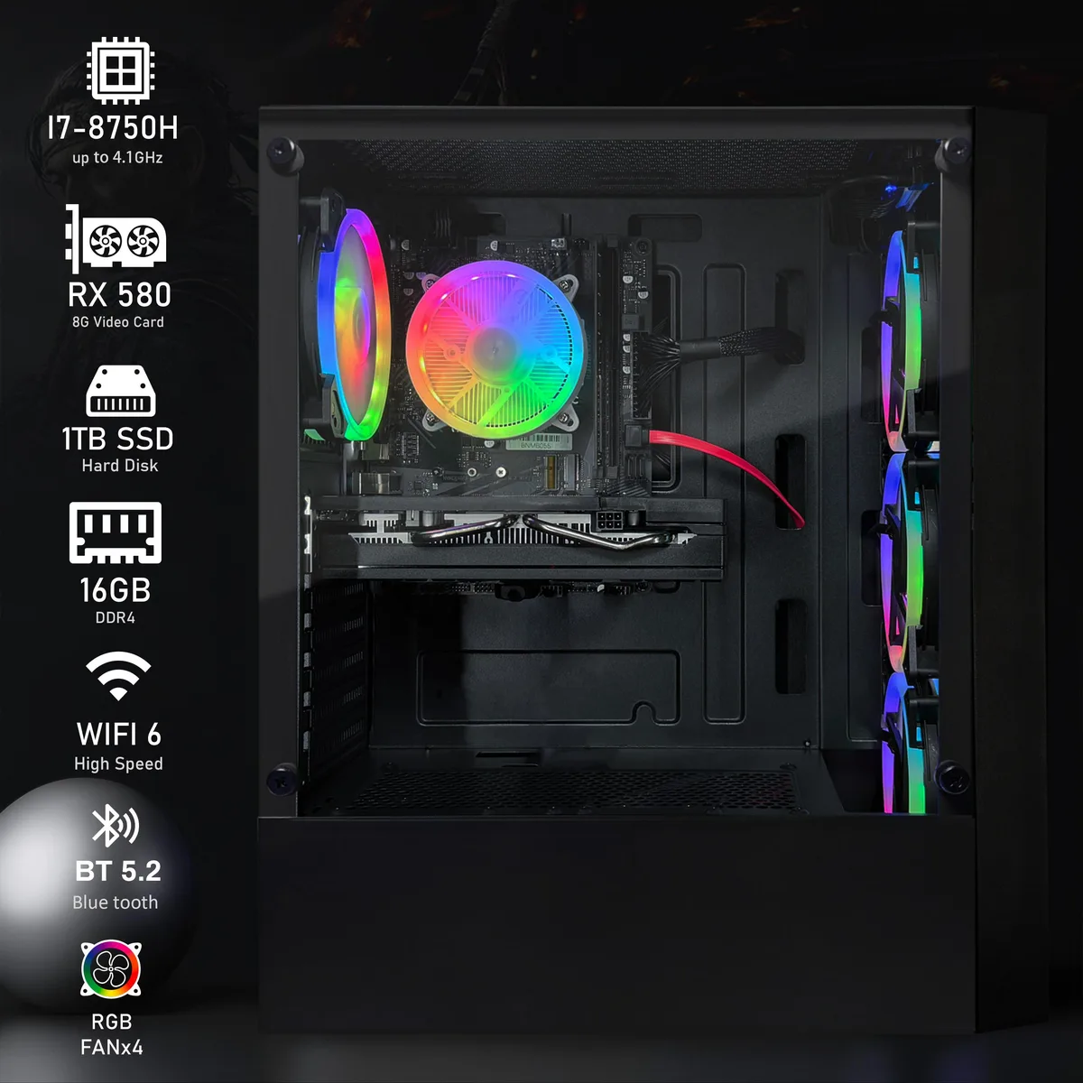 Black tower desktop with four RGB fans visible through side panel, USB keyboard and mouse included