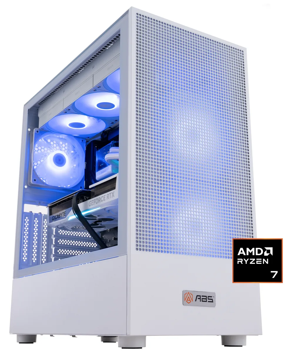 White mid-tower case with tempered glass side panel and mesh front, RGB-lit DDR5 memory visible inside