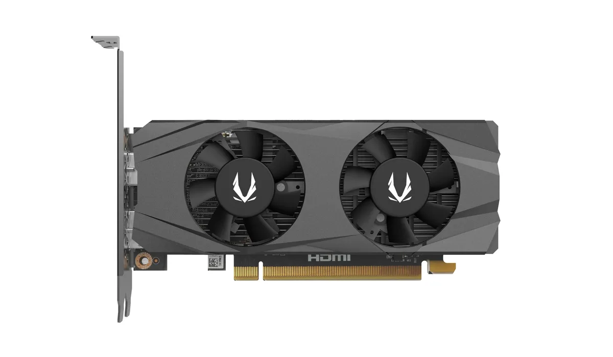 Compact dual-fan graphics card with low-profile bracket and matte black shroud