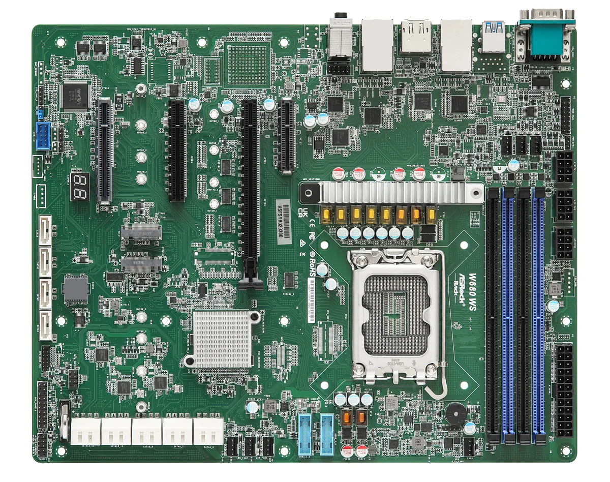 ASRock Rack W680 WS ATX motherboard, black PCB, silver LGA 1700 socket, four DDR5 slots, four RJ45 ports, multiple PCIe slots