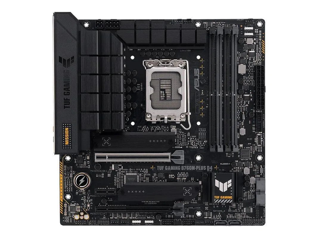 ASUS TUF Gaming B760M-PLUS D4 Micro ATX motherboard dark PCB with grey heatsinks