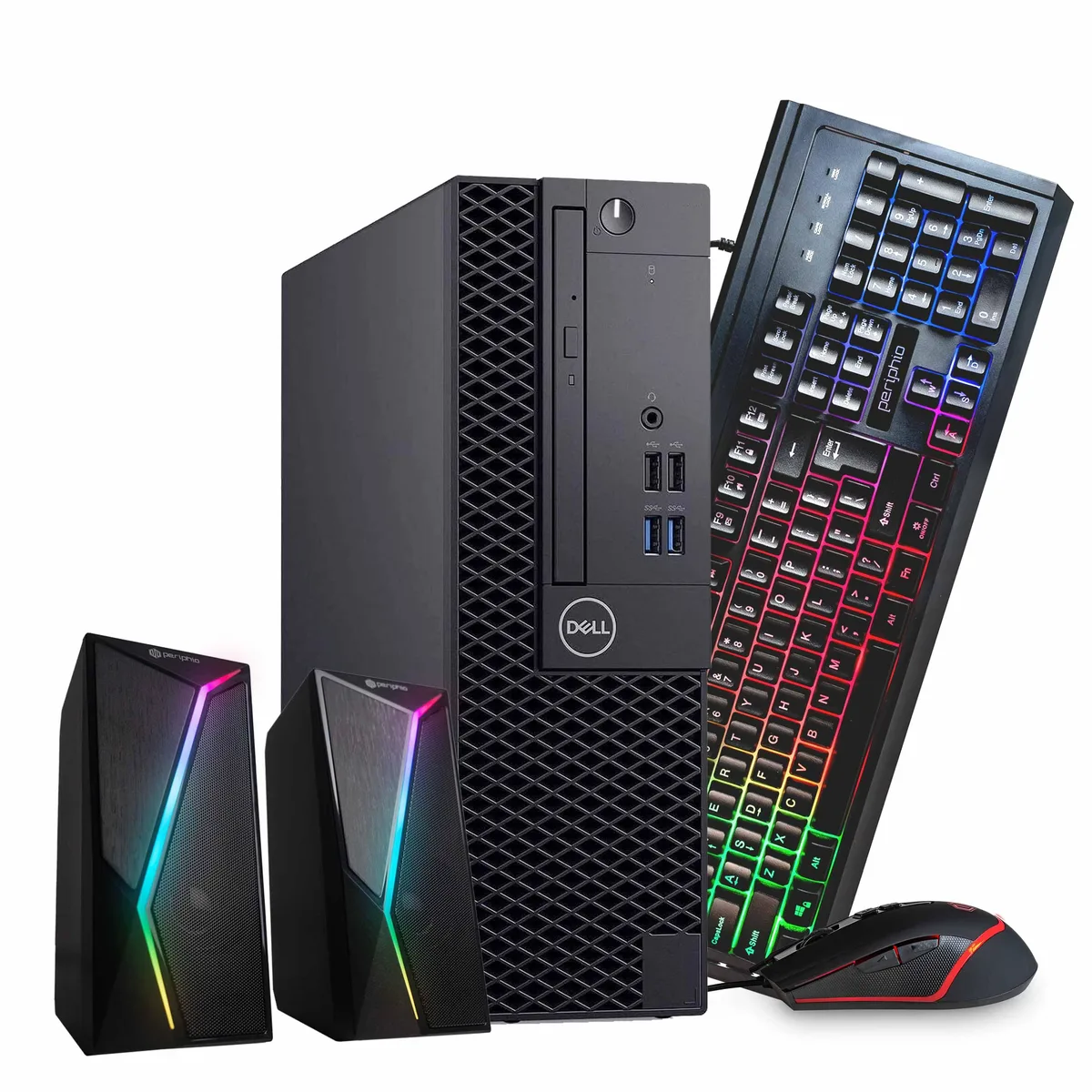 Black Dell OptiPlex 3060 tower desktop with keyboard mouse and RGB speakers
