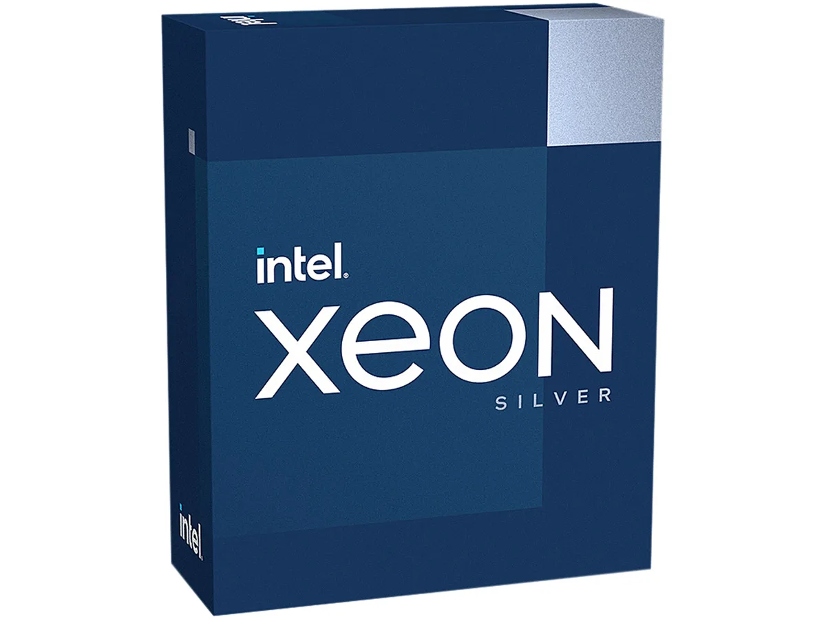 Intel Xeon Silver 4309Y server processor in LGA 4189 socket, green PCB with gold contacts, silver metal heatspreader