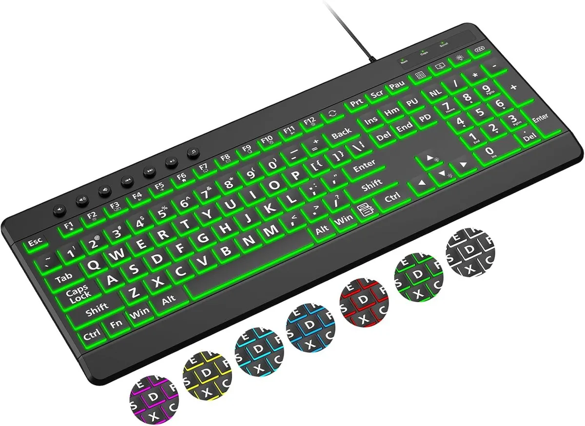 TUKO TUKO Large Print Backlit Gaming Keyboard 7-Colors 12 Multimedia Keys 10 Hotkeys 5.25ft USB — produktbild