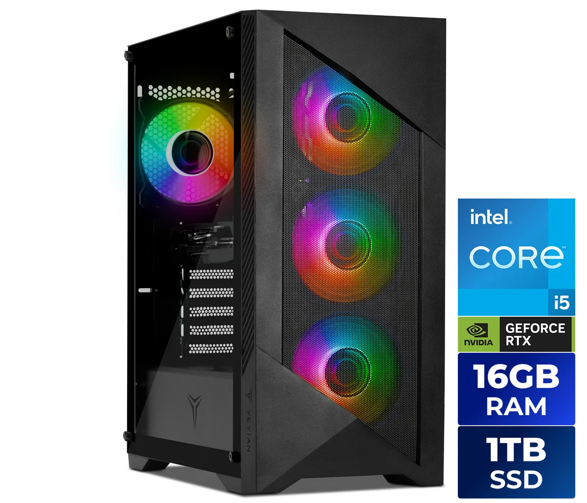 Black mid-tower desktop with RGB keyboard and mouse