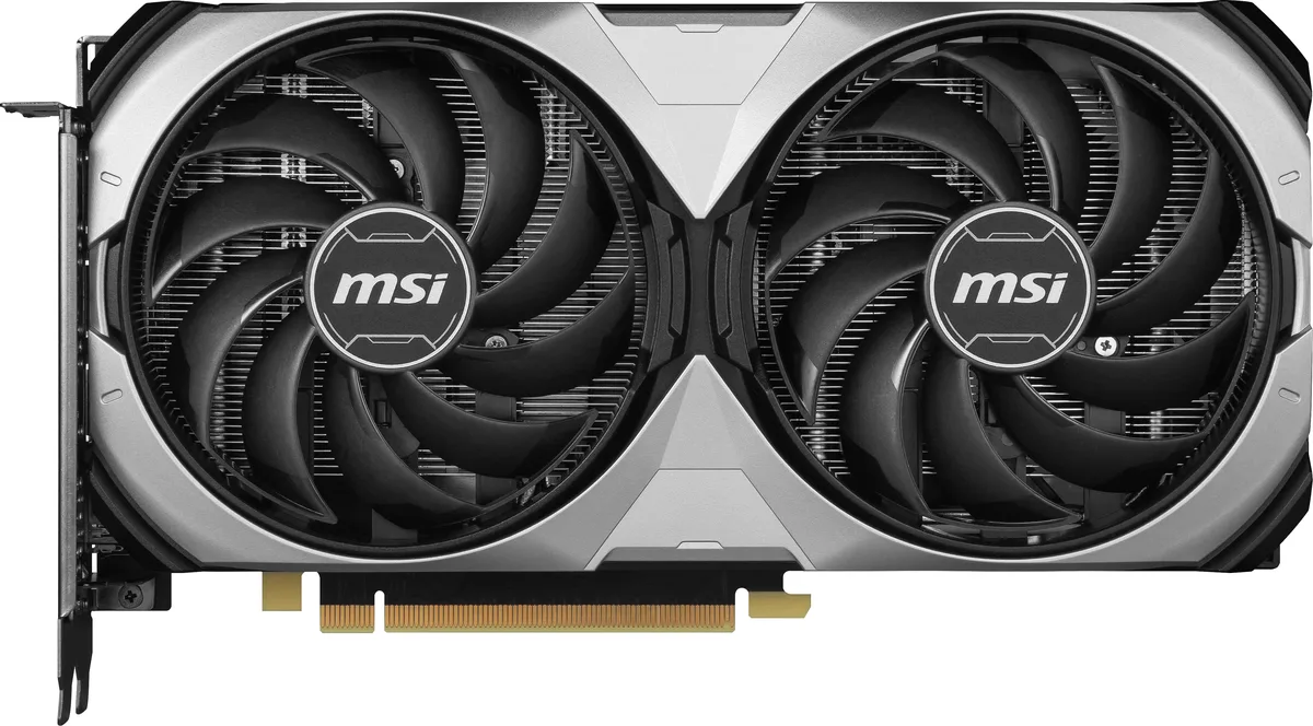 Silver dual-fan graphics card with compact ATX form factor