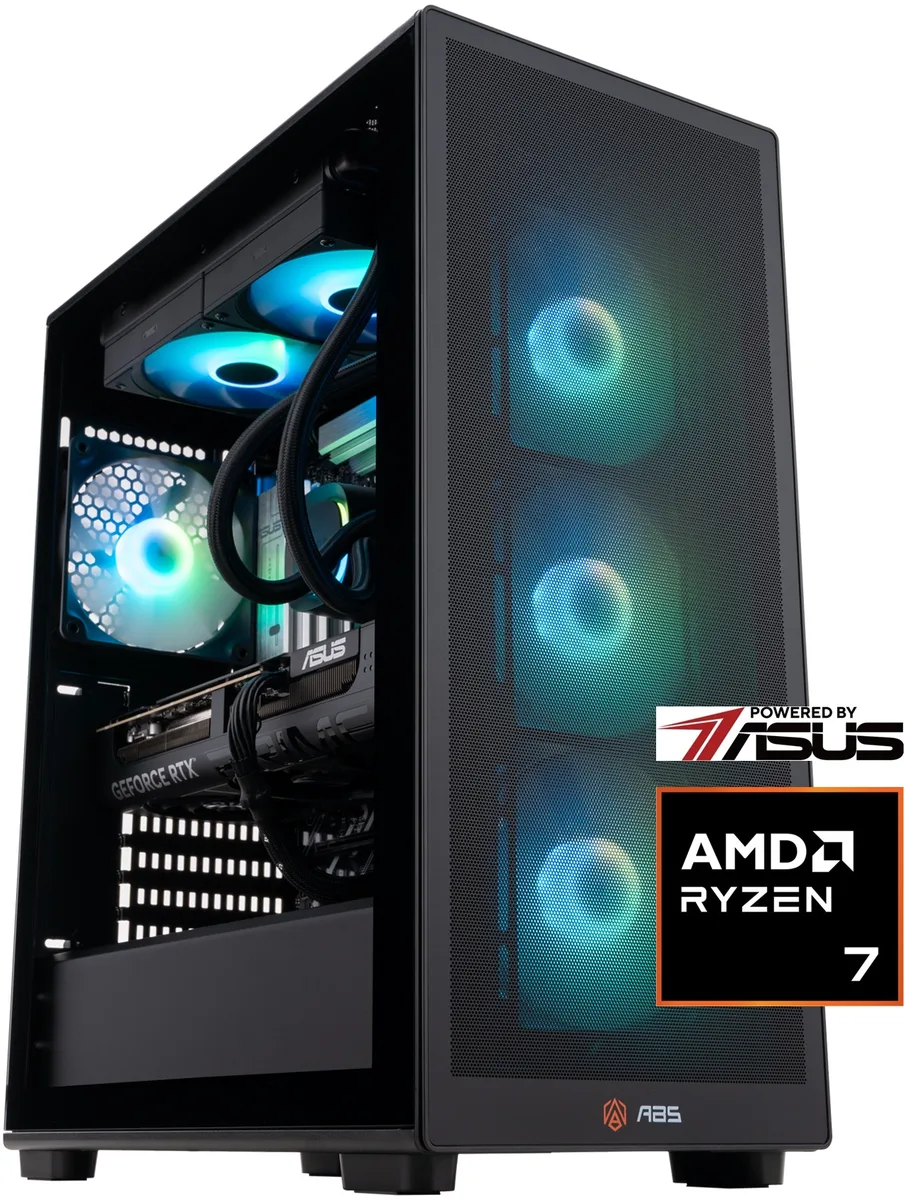 Black mid-tower gaming desktop with ARGB liquid cooling visible through side panel