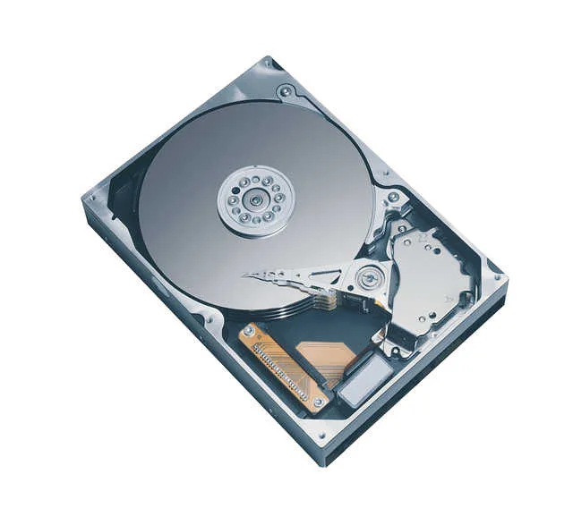 Silver 3.5 inch bare hard drive with circuit board visible
