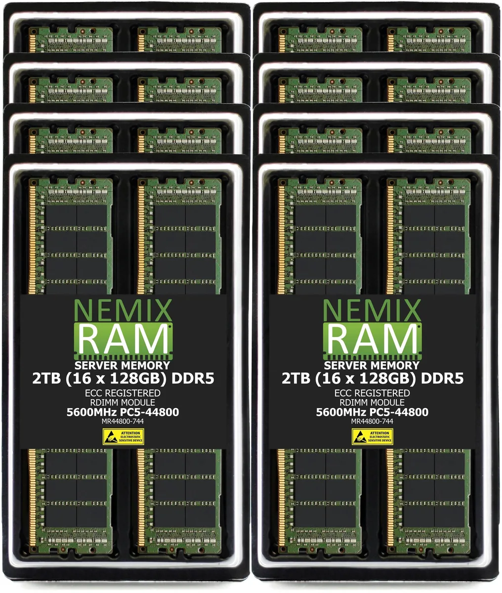 Sixteen green DDR5 RDIMM modules without heat spreaders, 128GB each