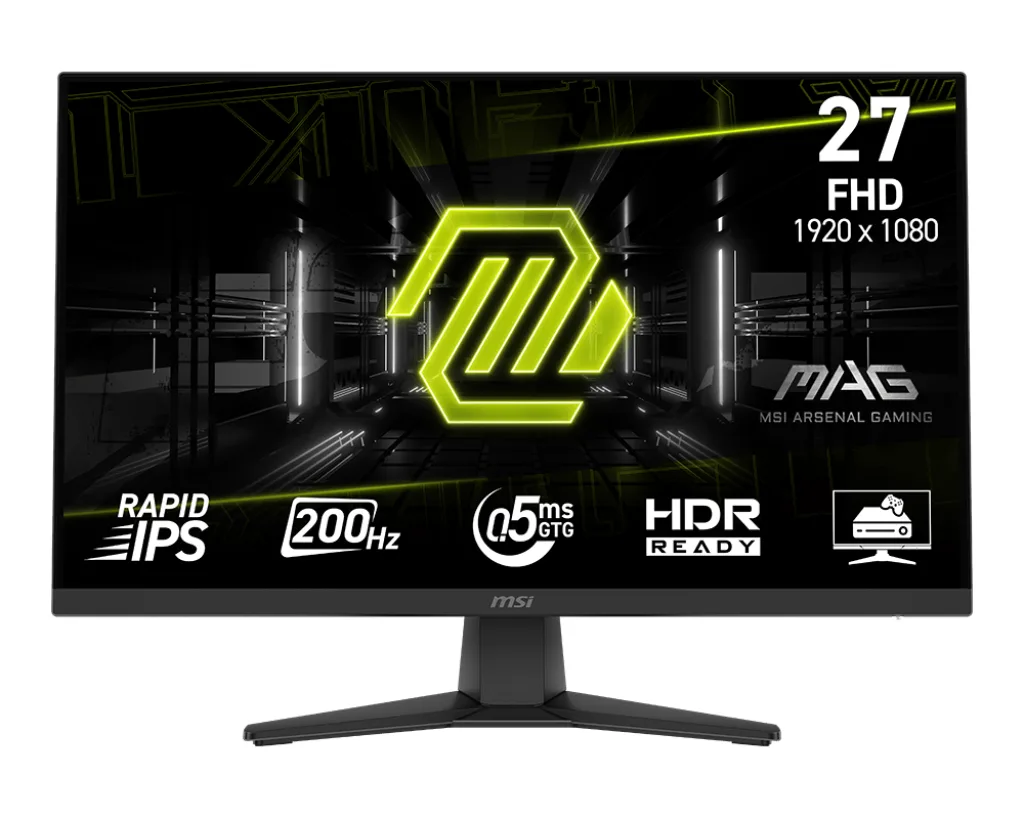 27 inch flat gaming monitor in metallic black with thin bezels and a simple stand