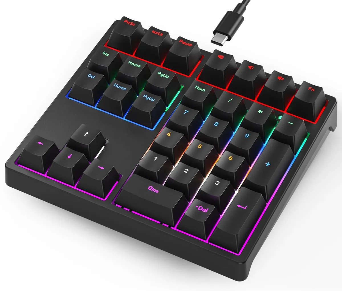 Black 34-key numeric keypad with RGB backlighting and blue mechanical switches