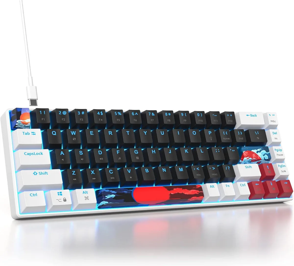 White and black compact 68-key mechanical keyboard with red switches and LED backlighting