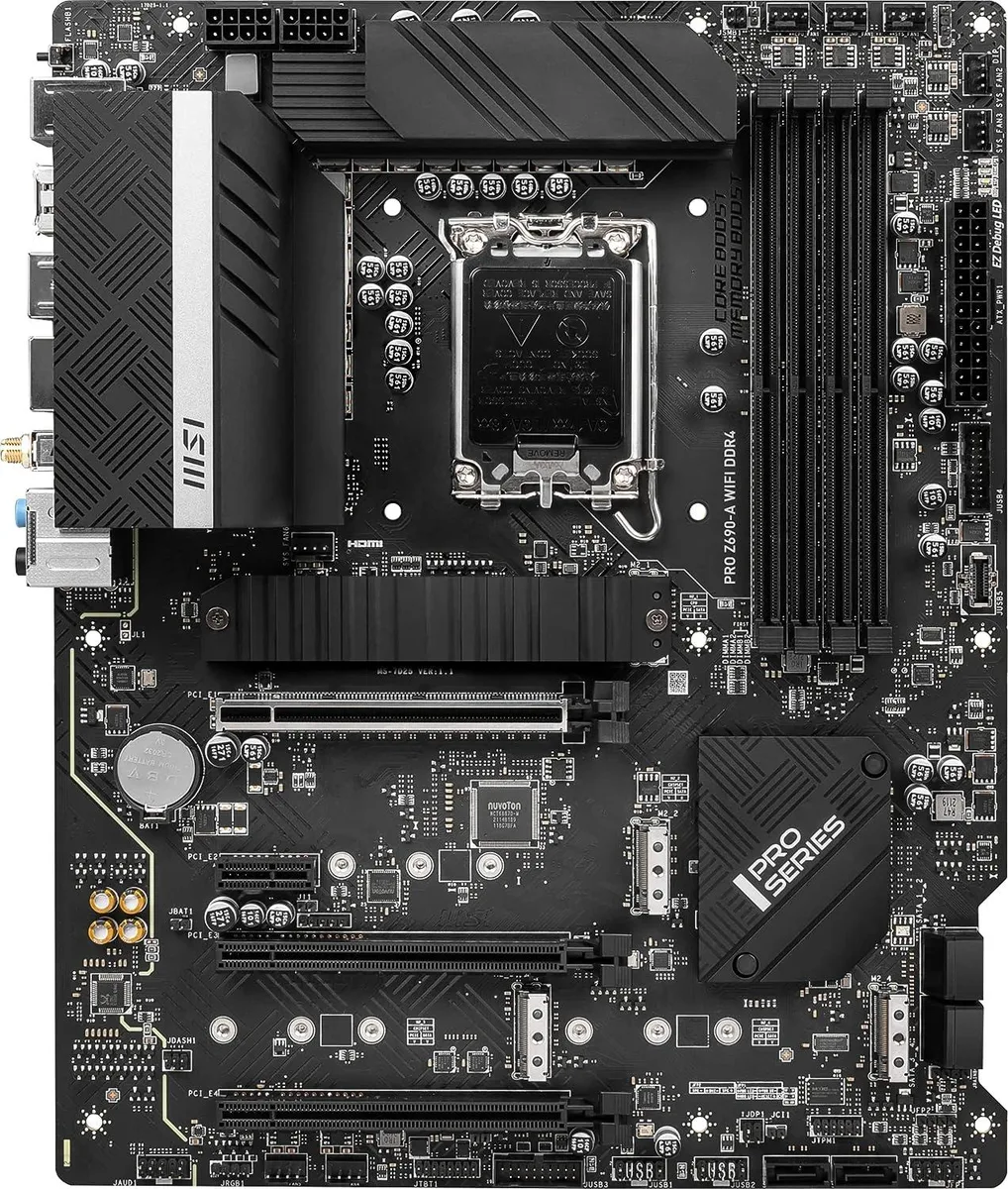 ATX motherboard dark PCB silver heatsinks LGA 1700 socket four DDR4 slots