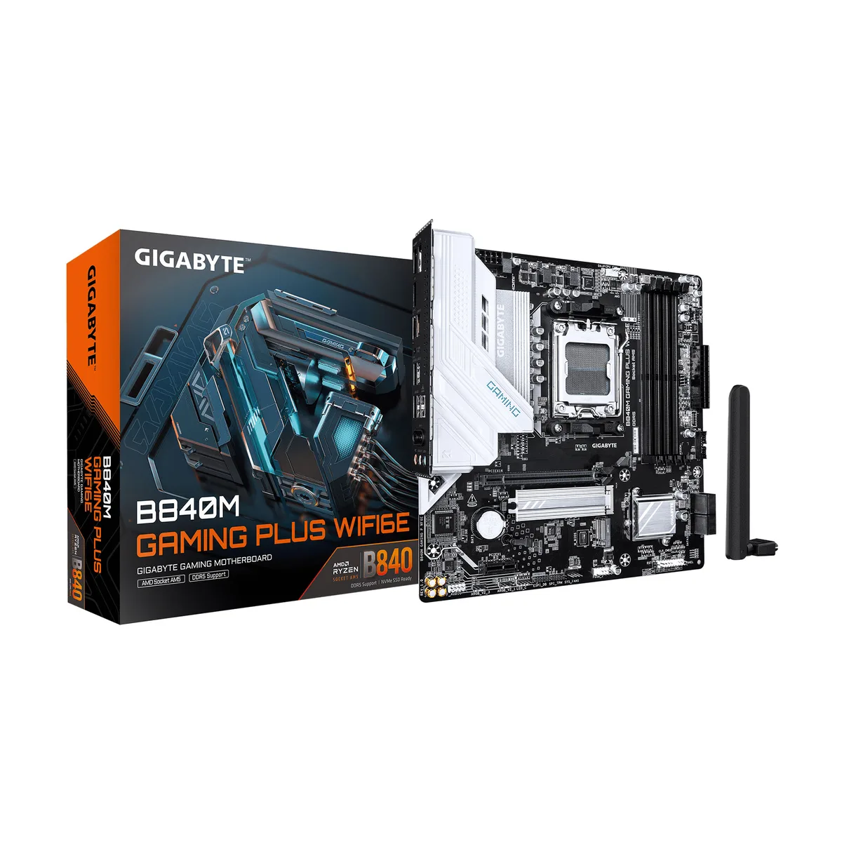 Gigabyte B840M Gaming Plus WIFI6E mATX motherboard, black PCB with silver heatsinks and integrated rear I/O shield