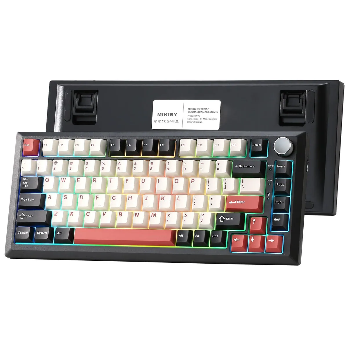 Compact black and red 75% mechanical keyboard with a control knob and RGB backlighting