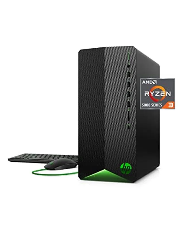 Compact black tower with green LED lighting and front USB ports