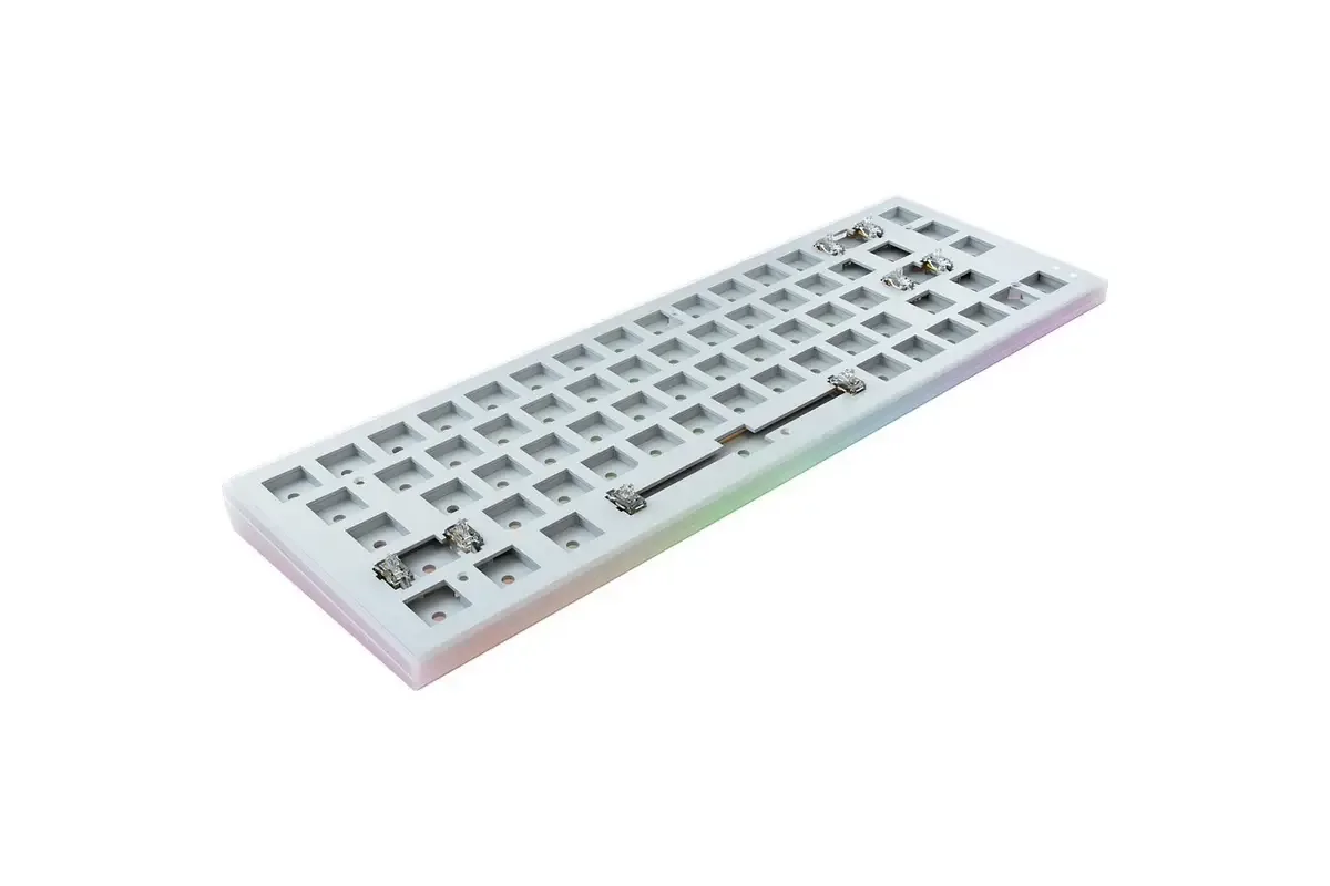 White 65% barebone gaming keyboard, compact frame, no keycaps or switches installed, RGB strip lighting