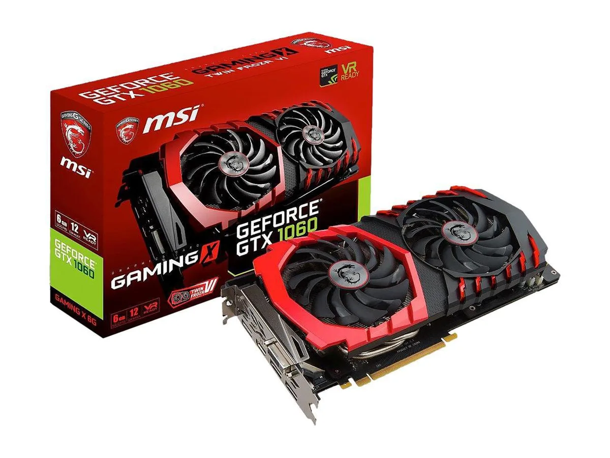 Black dual-fan graphics card with silver backplate and red accents