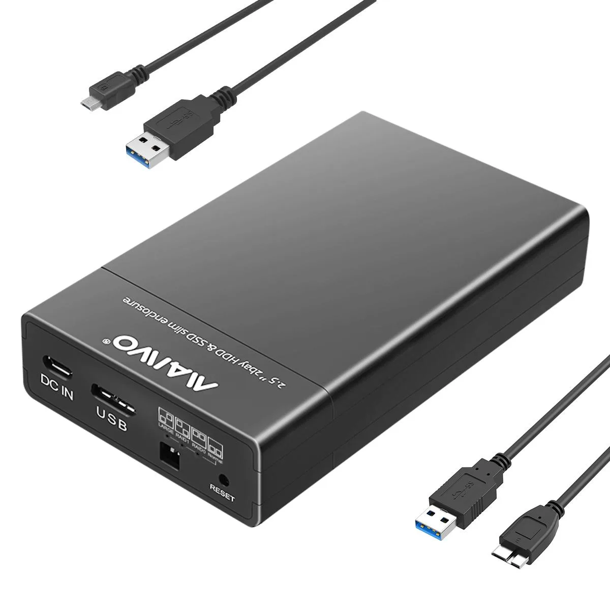 Black ABS dual-bay 2.5 inch SATA RAID enclosure with USB-C cables