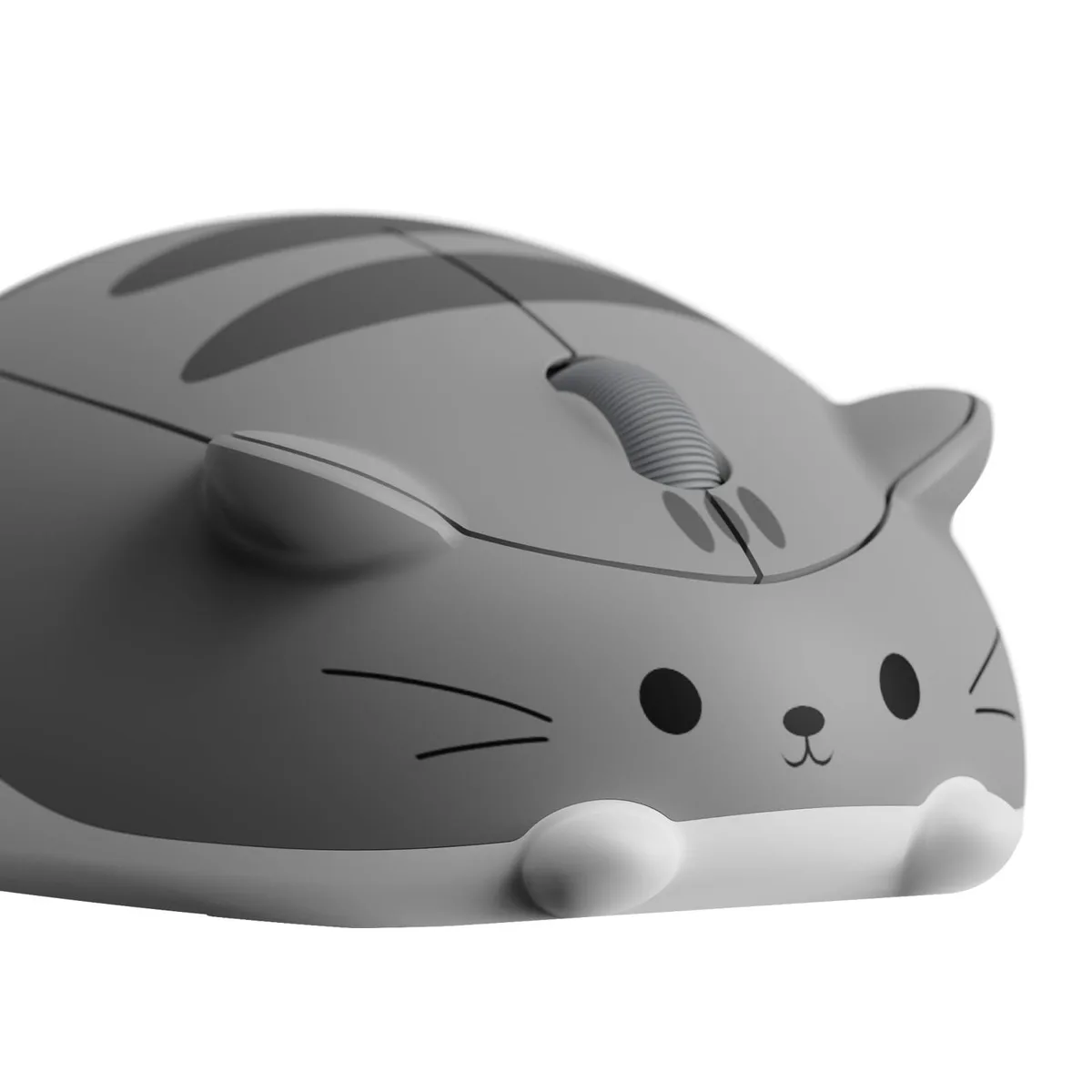 Gray cat-shaped wireless mouse with smooth matte finish, compact ergonomic form, right-hand contour