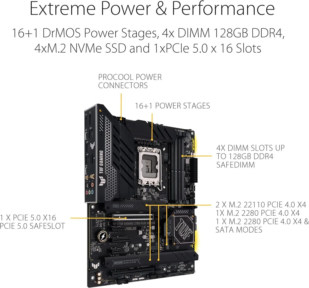 ATX motherboard in black with grey heatsinks and I/O shield