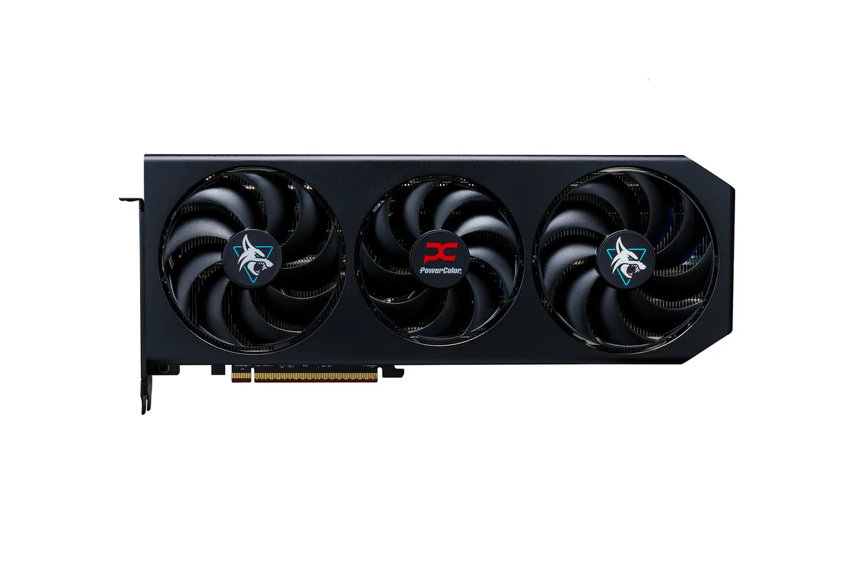Black triple-fan graphics card, 327 mm long, 2.5-slot cooler, silver backplate visible