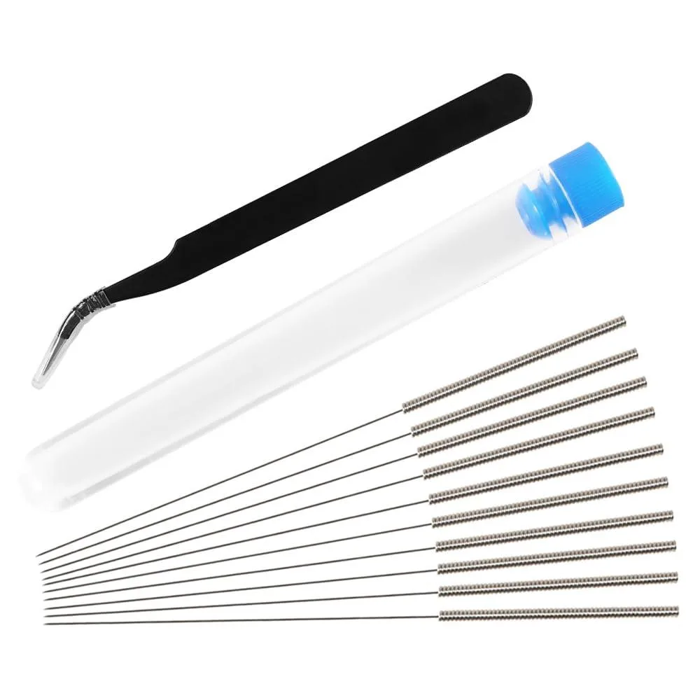 Stainless steel nozzle cleaning kit with ten 0.4mm needles in a bottle and one angled tweezer